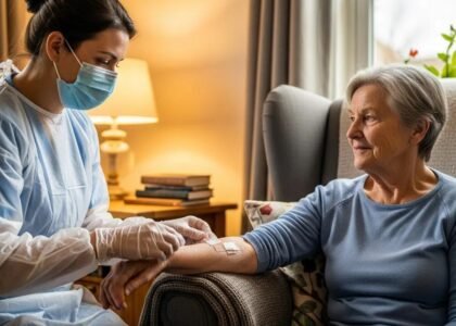 Caregiver in personal protective equipment providing wound care to an elderly woman at home, emphasizing safety and compassion during COVID-19.