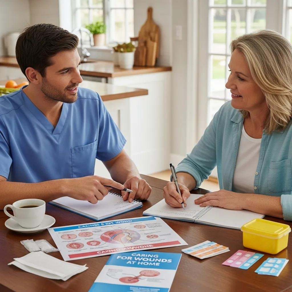 Healthcare professional providing educational support to caregiver for effective wound management at home, with resources including guides and training materials on a table.