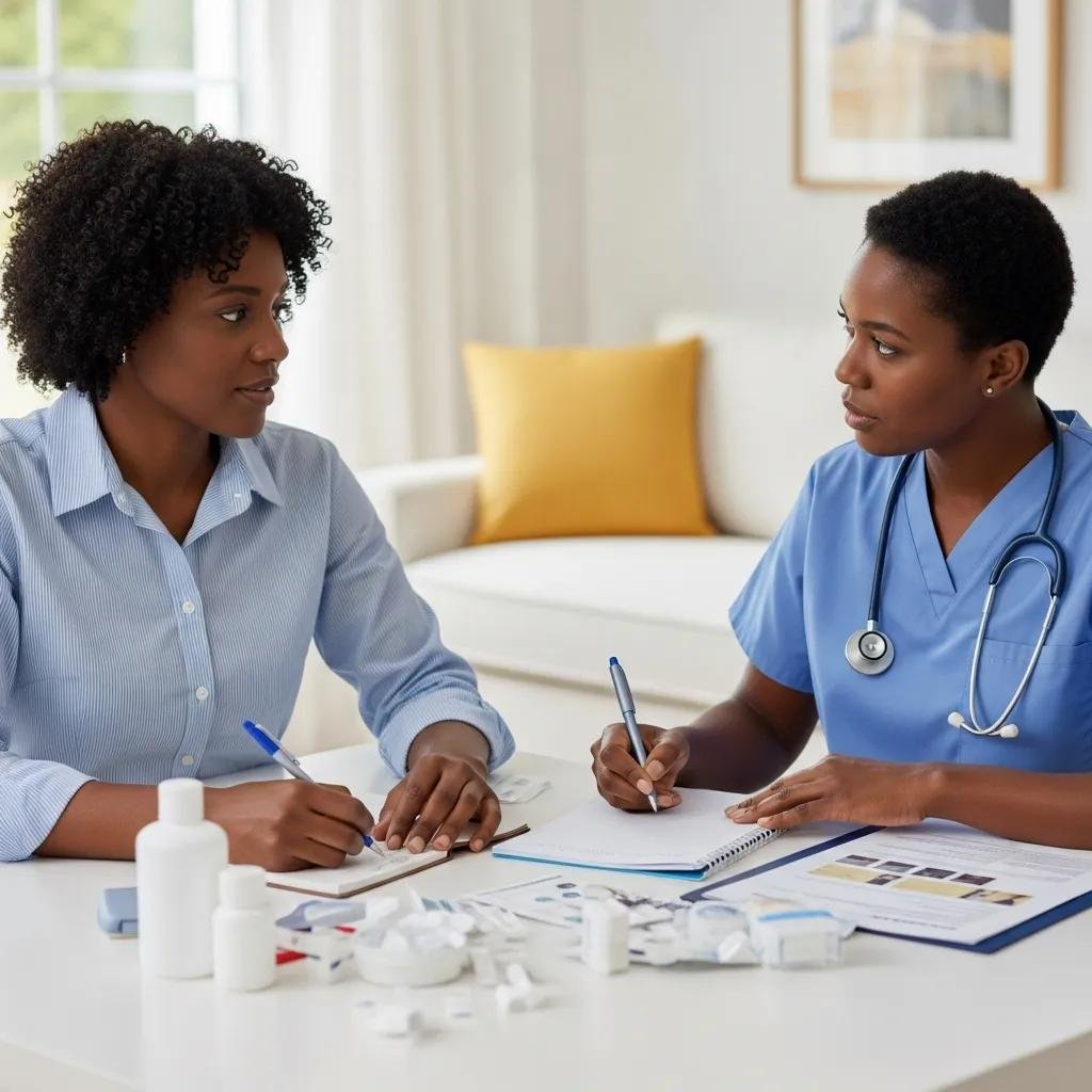 Caregiver receiving training on wound care techniques from a healthcare professional in a home environment, with medical supplies and notes on a table, emphasizing personalized mobile wound care support.