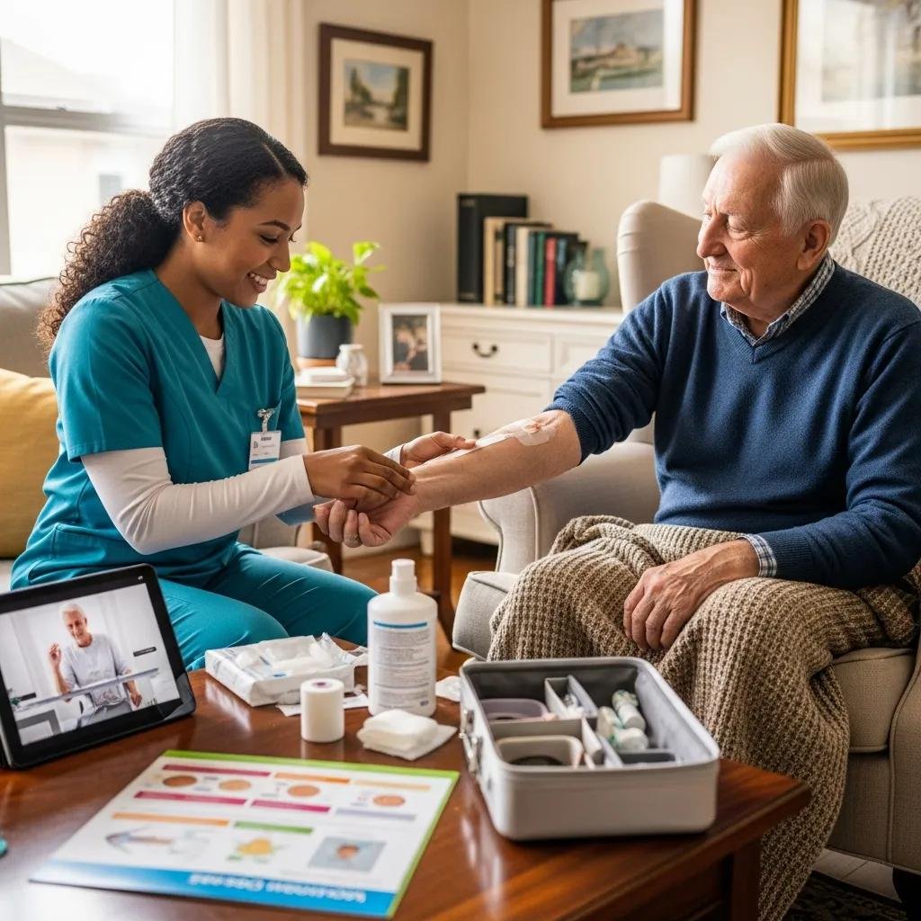 Caregiver providing mobile wound care to a senior patient at home, with medical supplies and educational materials visible on the table, emphasizing personalized post-surgical support and recovery.