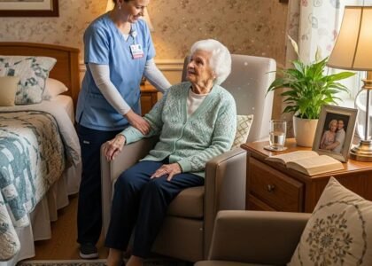 Nurse providing compassionate care to elderly patient in skilled nursing facility, emphasizing personalized healthcare and support.