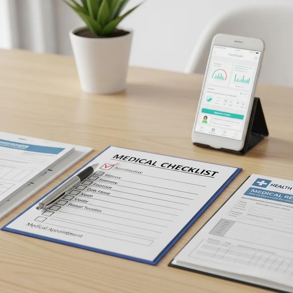 Medical checklist and health records on a table, including a smartphone displaying health data, emphasizing preparation for a mobile wound care appointment.