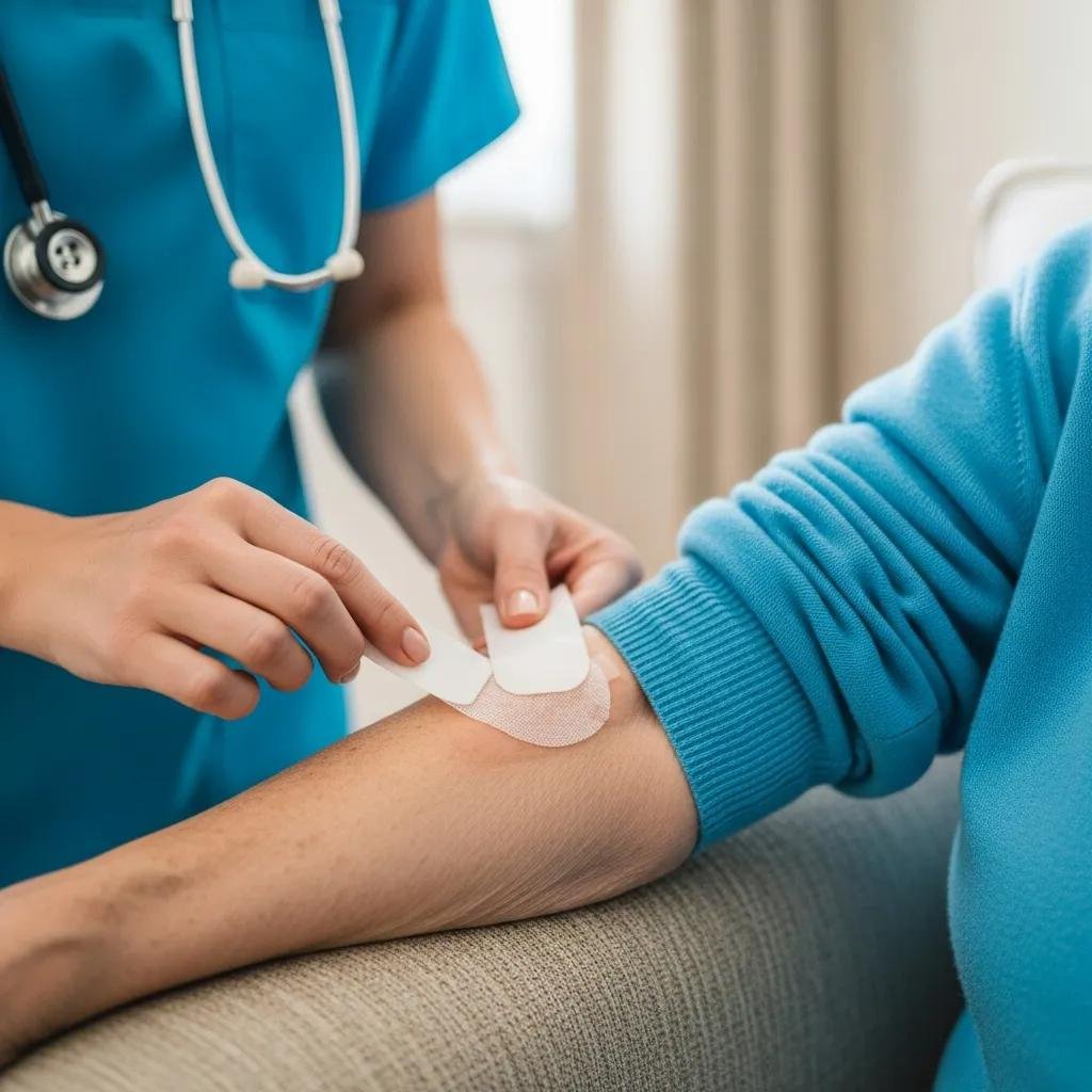 Healthcare professional applying a biologic dressing to an elderly patient's arm wound, emphasizing in-home wound care and tissue regeneration.