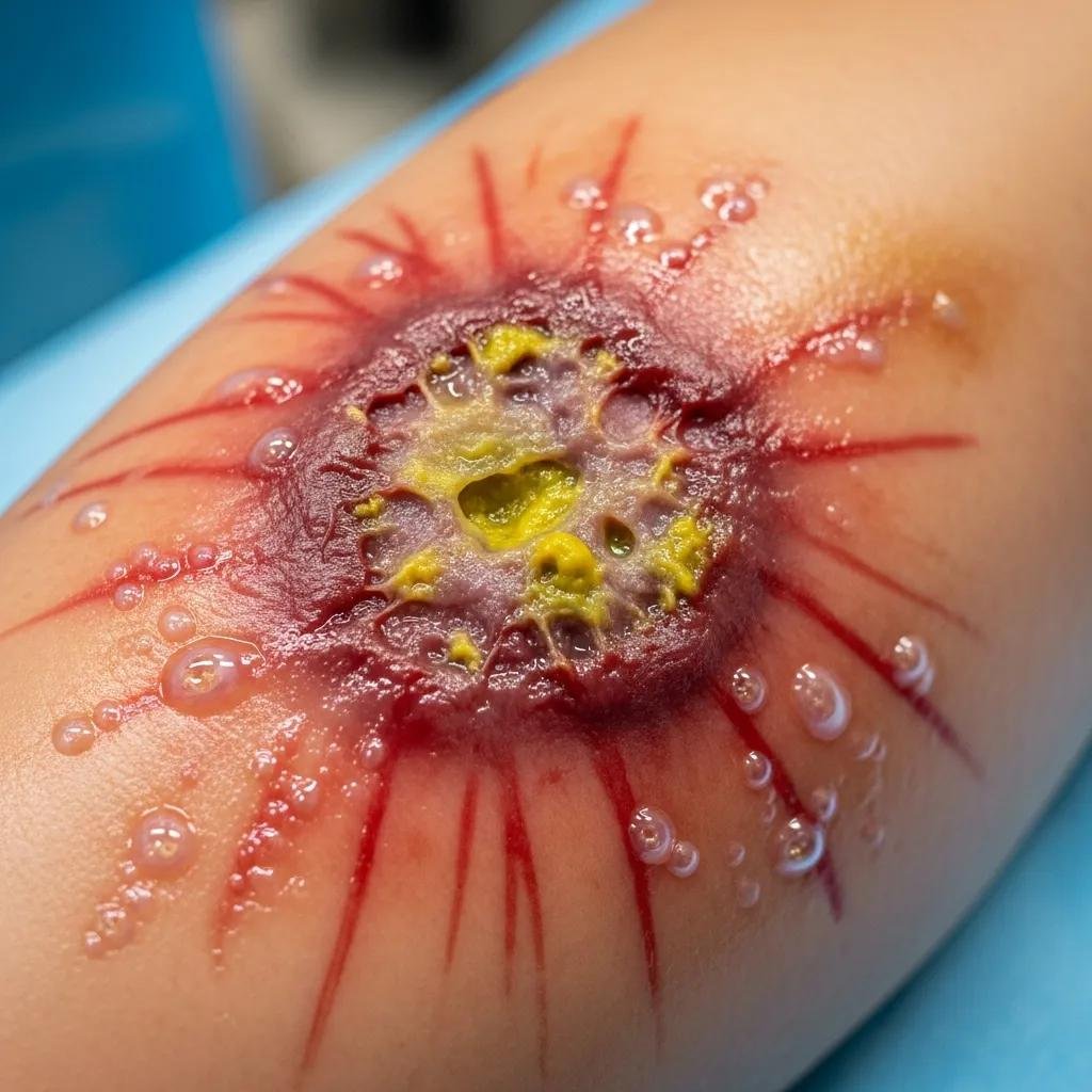 Close-up of a chronic wound showing signs of infection, with redness, yellow drainage, and surrounding swelling, illustrating early symptoms for awareness and prevention of chronic wound infections.