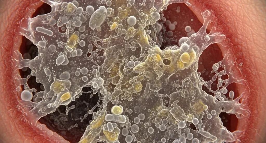 Close-up of a chronic wound biofilm, showcasing complex structures of microorganisms inhibiting healing processes.