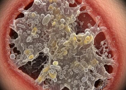 Close-up of a chronic wound biofilm highlighting complex microorganisms and their structure, relevant to advanced chronic wound treatment strategies.