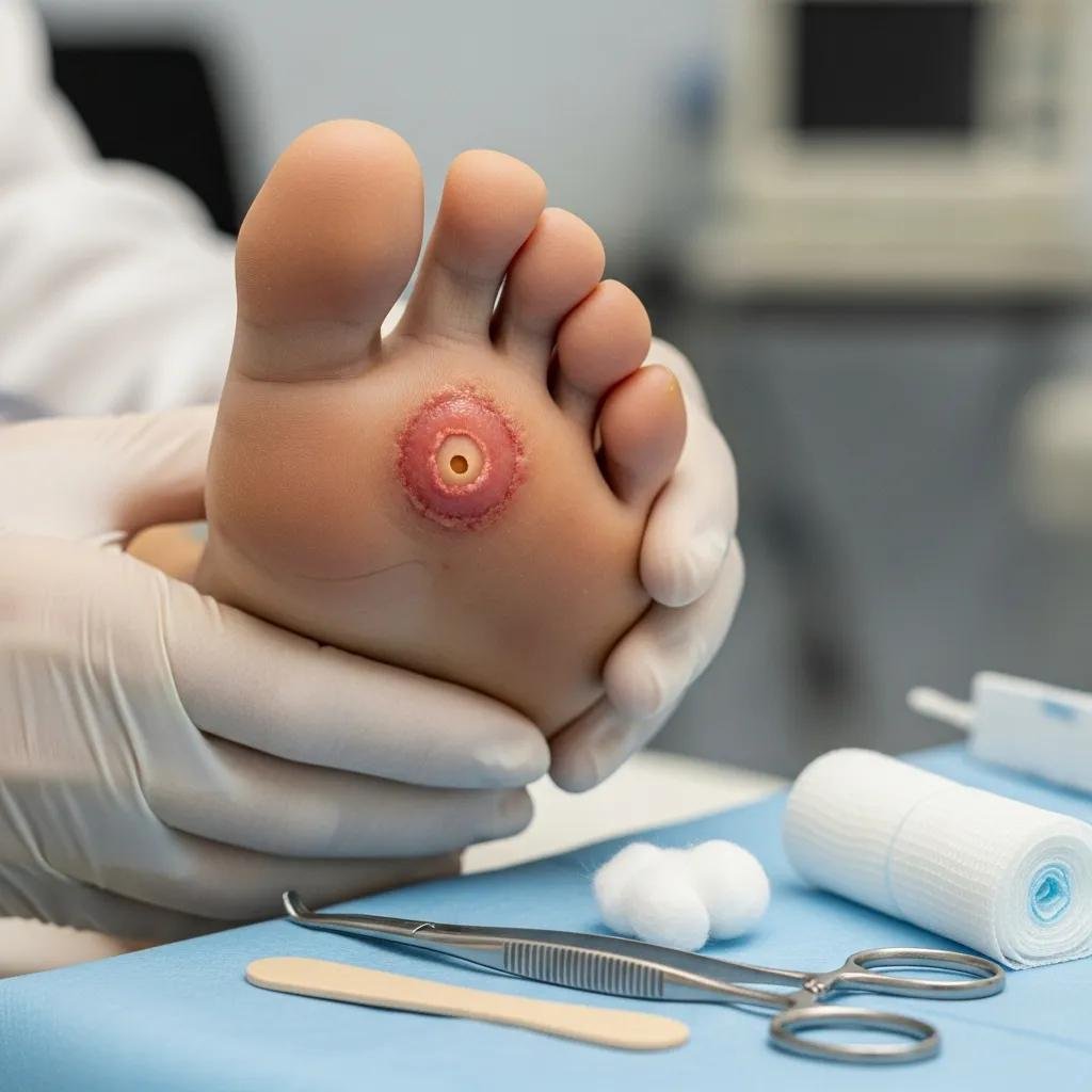 Close-up of a diabetic foot ulcer being examined by a healthcare professional, showcasing a circular wound on the sole of the foot, with medical tools and supplies in the background, emphasizing the need for specialized care in diabetic ulcer treatment.