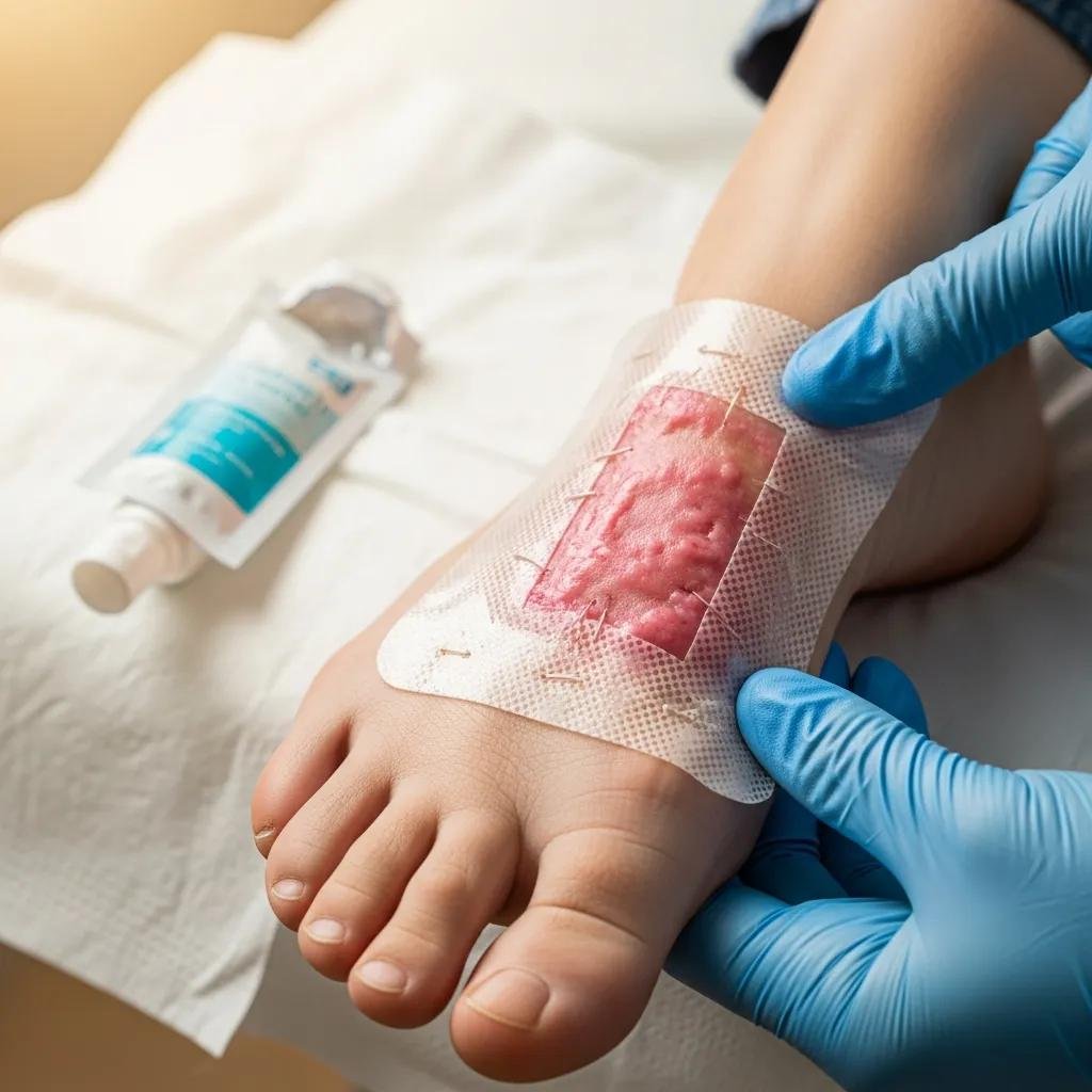 Close-up of a hand applying a biologic dressing to a diabetic foot ulcer, showcasing advanced regenerative treatment techniques at home, with wound care product in the background.