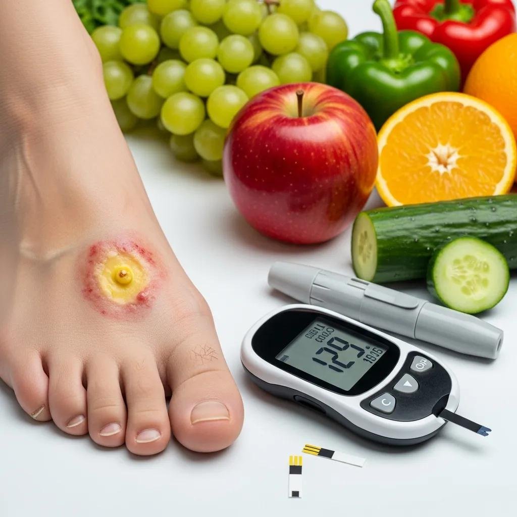 Close-up of a diabetic foot ulcer on a toe with a glucose monitor displaying blood sugar level, surrounded by fresh fruits and vegetables, illustrating diabetes' impact on wound healing and nutrition.