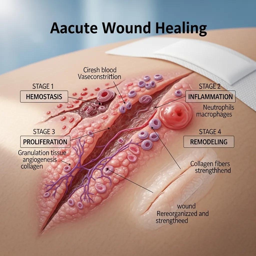 Close-up of an acute wound healing process illustrating four stages: hemostasis, inflammation, proliferation, and remodeling, with labeled details about tissue regeneration and cellular activity.