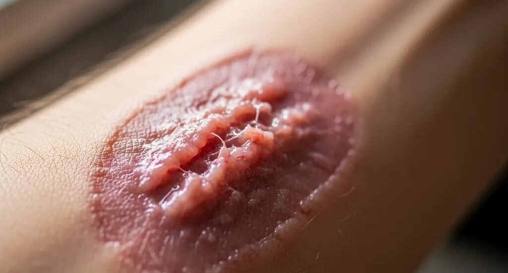 Close-up of a healing wound showing healthy granulation tissue and signs of recovery, relevant to wound healing stages and care guidance.