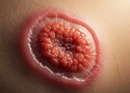 Close-up of a healing wound with granulation tissue, illustrating the wound healing process relevant to effective leg ulcer management and treatment options.