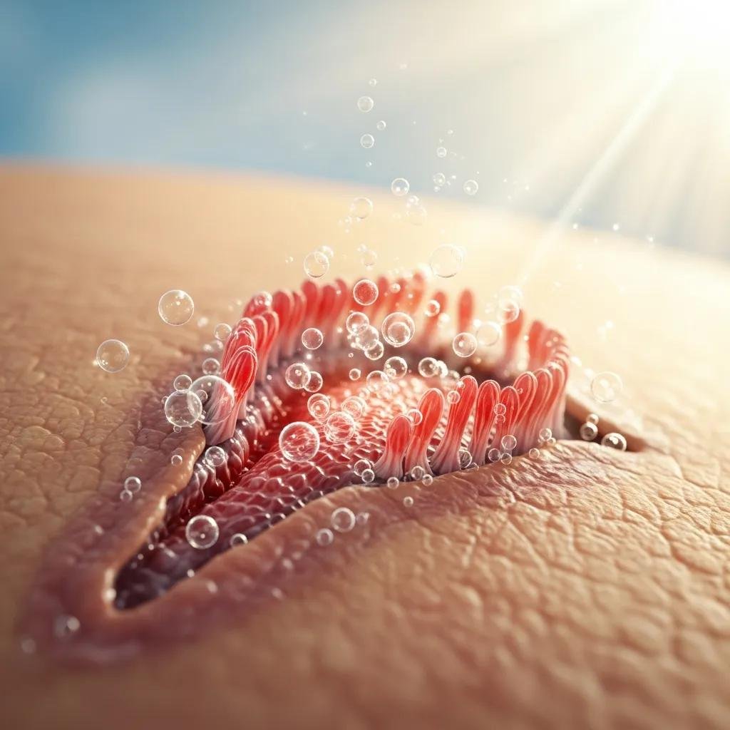 Close-up of a healing wound with oxygen bubbles, illustrating the effects of Hyperbaric Oxygen Therapy on wound healing and tissue repair.