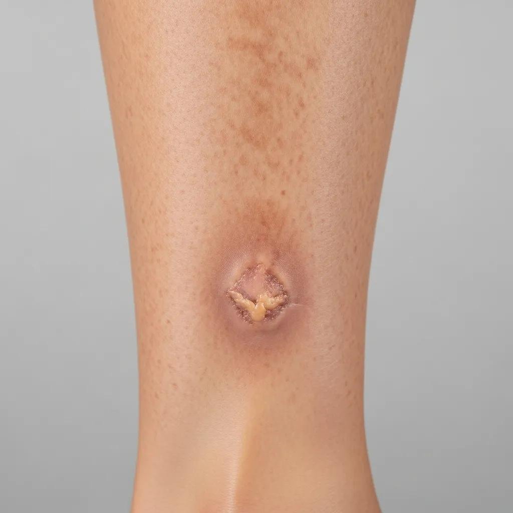 Close-up of a leg displaying symptoms of venous leg ulcers, including a chronic wound, discoloration, and surrounding skin changes indicative of swelling and lipodermatosclerosis.