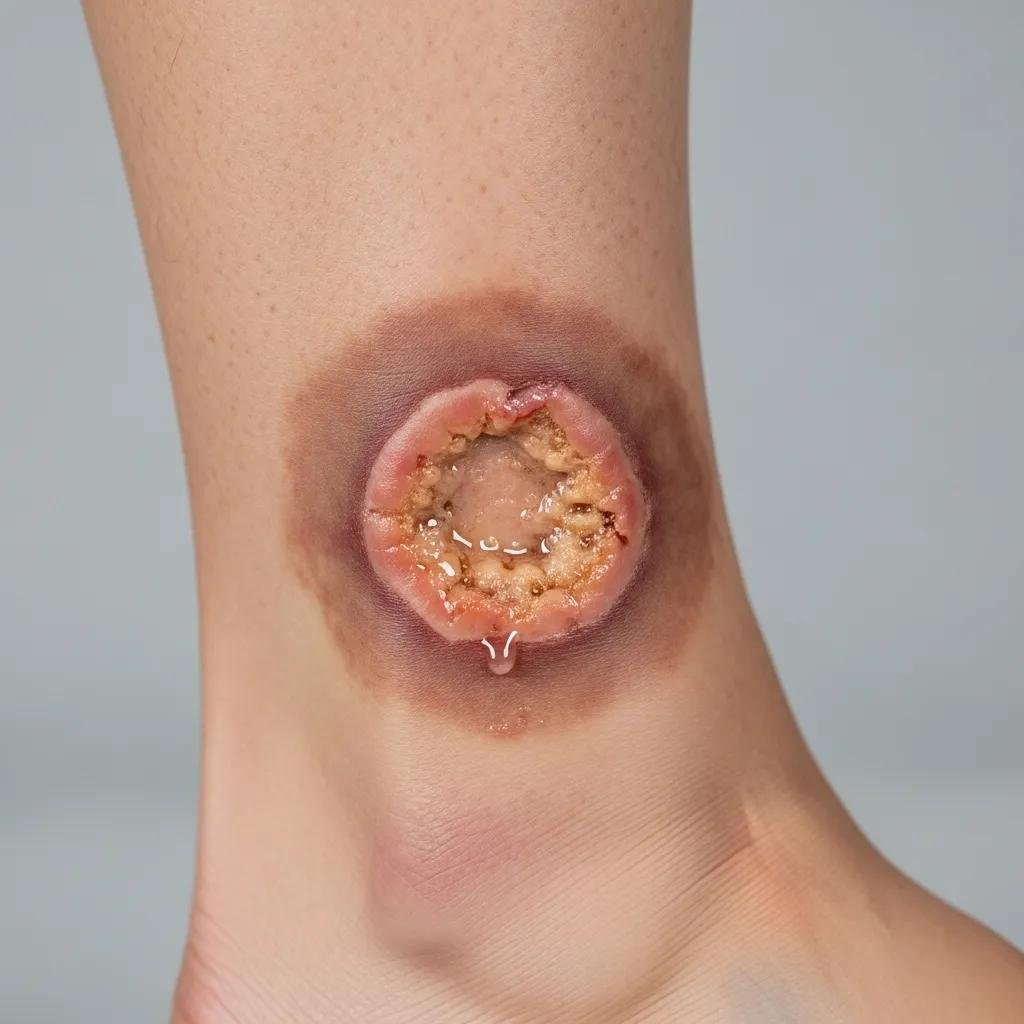 Close-up of a leg with a venous leg ulcer showing open sore, surrounding skin discoloration, and signs of swelling, illustrating symptoms of chronic venous insufficiency.