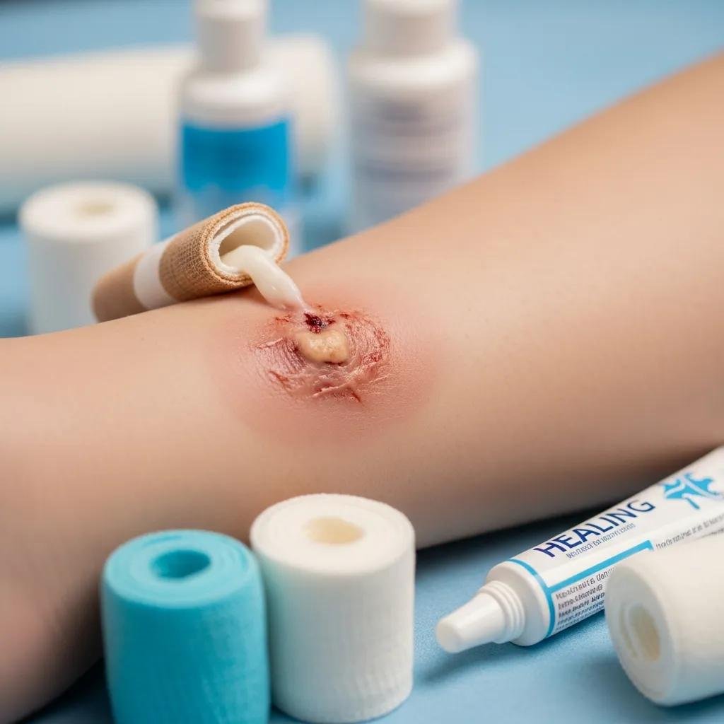Close-up of a lymphedema-affected limb with a wound, showcasing wound care products and healing ointment, illustrating challenges in the wound healing process related to lymphedema.