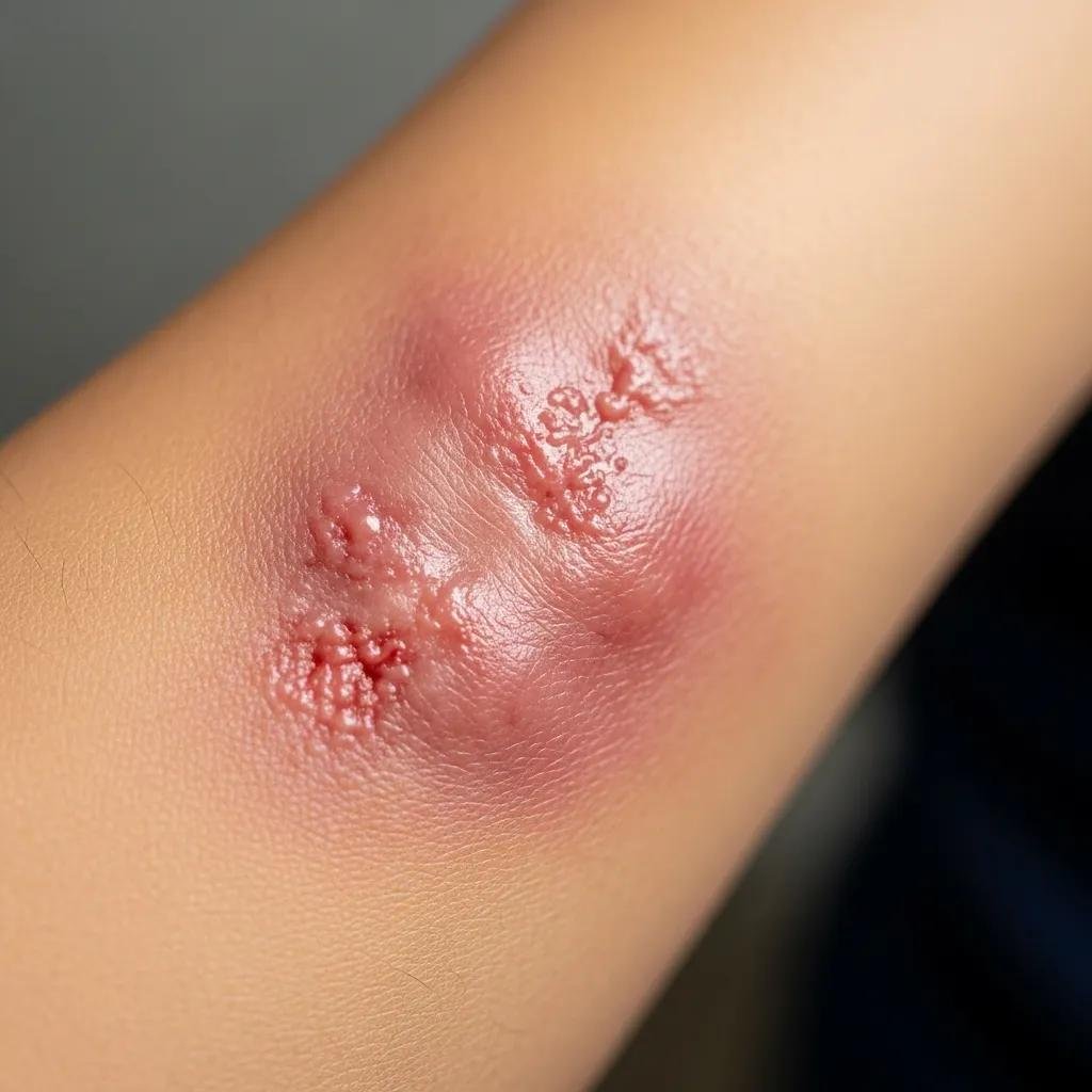 Close-up of a non-healing wound on the arm, showing redness, swelling, and signs of infection, highlighting the need for professional wound care assessment.