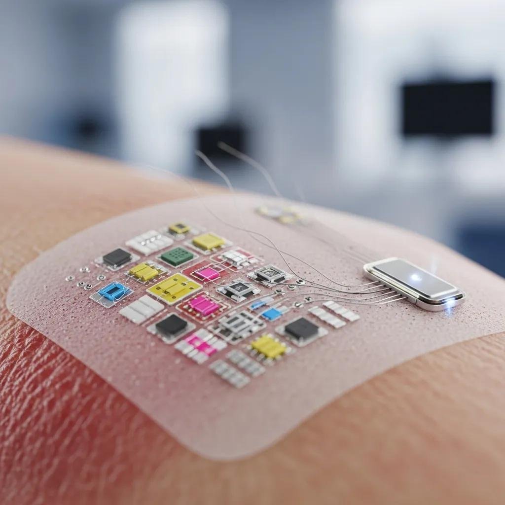 Smart dressing with embedded sensors for wound monitoring, displaying colorful circuit elements and wires, illustrating advancements in mobile wound care technology.