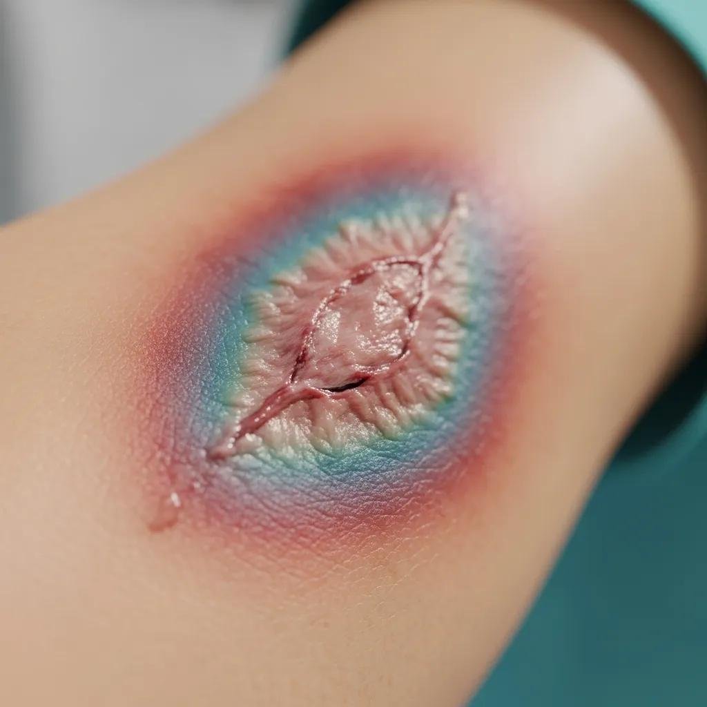 Close-up of a wound with visible signs of healing impairment, illustrating the impact of smoking on reduced blood flow and tissue recovery.