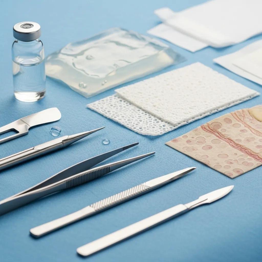 Close-up of advanced wound care tools including debridement instruments, biologic dressings, and sterile supplies on a blue surface, illustrating Healix360's mobile wound care services.
