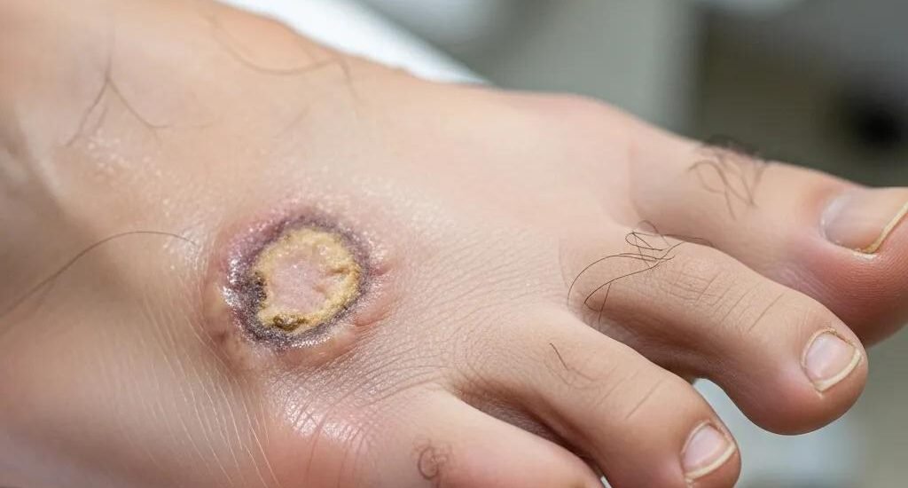 Close-up of an arterial ulcer on a foot, highlighting symptoms associated with peripheral artery disease, showcasing the wound's characteristics and surrounding skin condition.