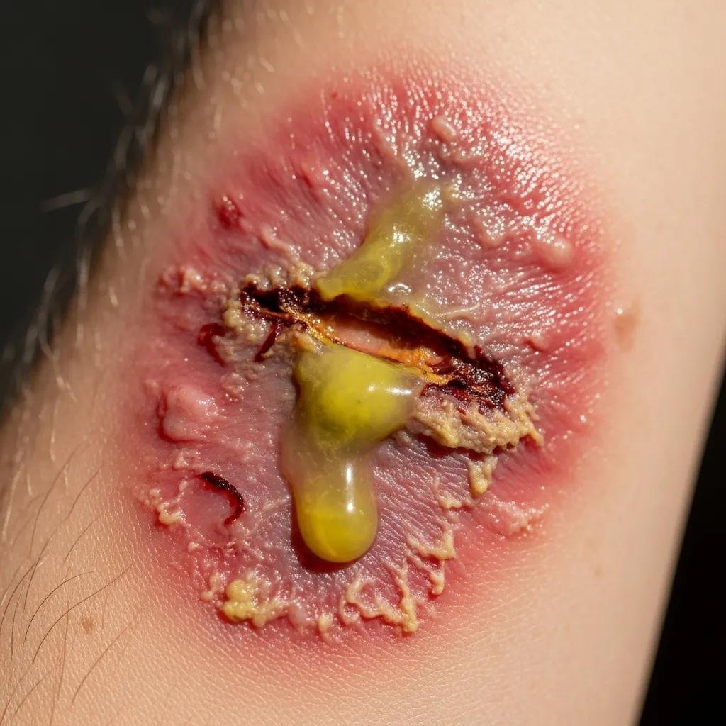 Close-up of redness and swelling around a wound indicating possible infection