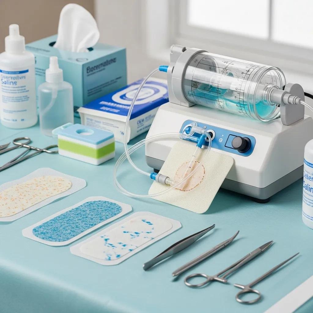 Advanced negative pressure therapy equipment with biologic dressings and wound care supplies for diabetic foot ulcer treatment, featuring saline solutions, dressings, and surgical tools.