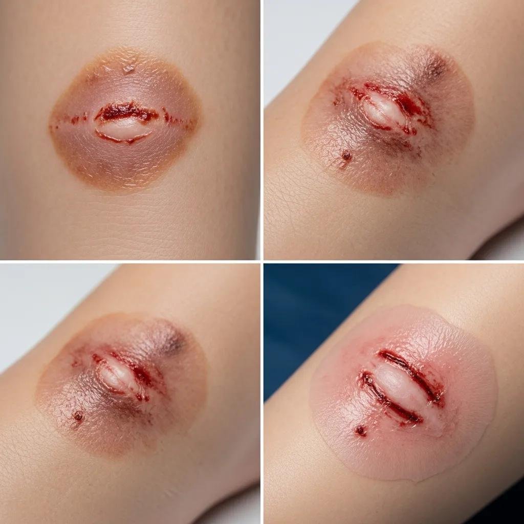 Close-up of different types of chronic wounds, including diabetic foot ulcers and pressure ulcers, highlighting varying stages of healing and infection risk, relevant to mobile wound care and infection prevention strategies.