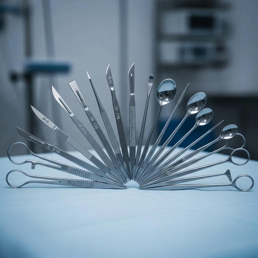 Handheld wound debridement tools arranged in a fan shape, including scalpels, curettes, and specialized instruments, on a sterile table, illustrating advanced wound care equipment for effective chronic wound management.