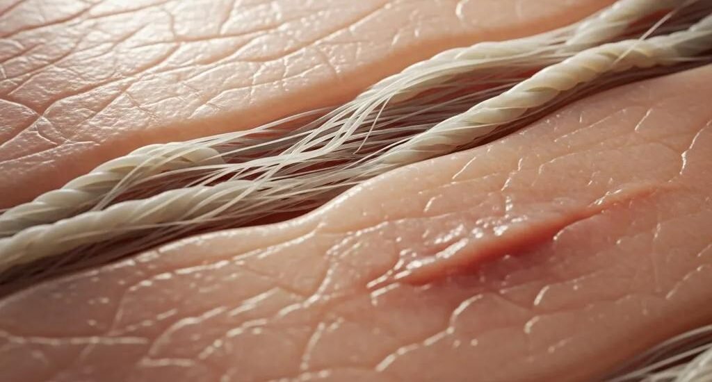 Close-up of healthy skin highlighting collagen fibers and a wound, emphasizing the role of collagen in wound healing and tissue regeneration.
