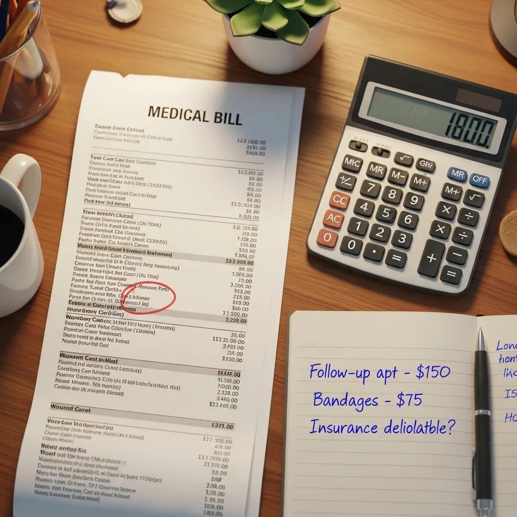 Close-up of a medical bill detailing costs for chronic wound care, calculator showing total expenses, and notes on follow-up appointments and bandage costs, representing the economic burden of untreated chronic wounds.
