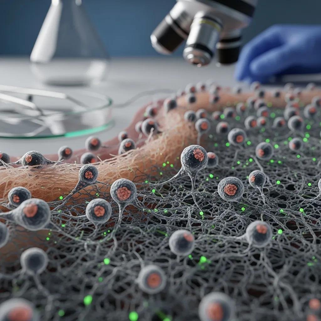 Close-up of stem cells and biological materials on tissue, illustrating regenerative wound healing techniques with microscope in background.