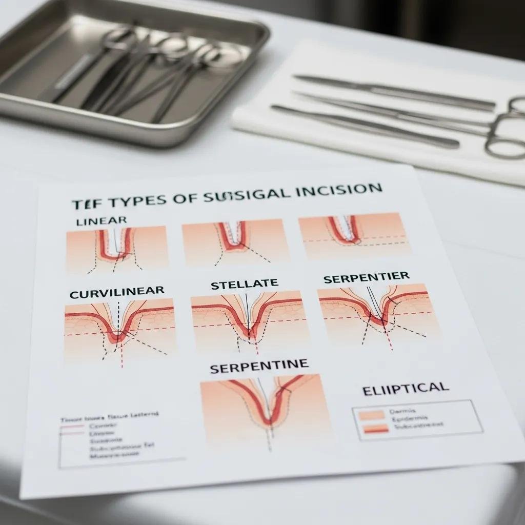 Types of surgical incisions illustrated on a medical chart, including linear, curvilinear, stellate, serpentine, and elliptical, with accompanying labels for educational purposes on wound care.