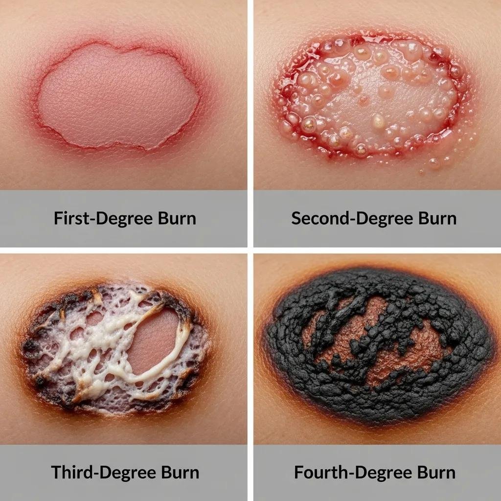 Close-up of various burn wound types showcasing first-degree, second-degree, third-degree, and fourth-degree burns with labels indicating severity and characteristics.