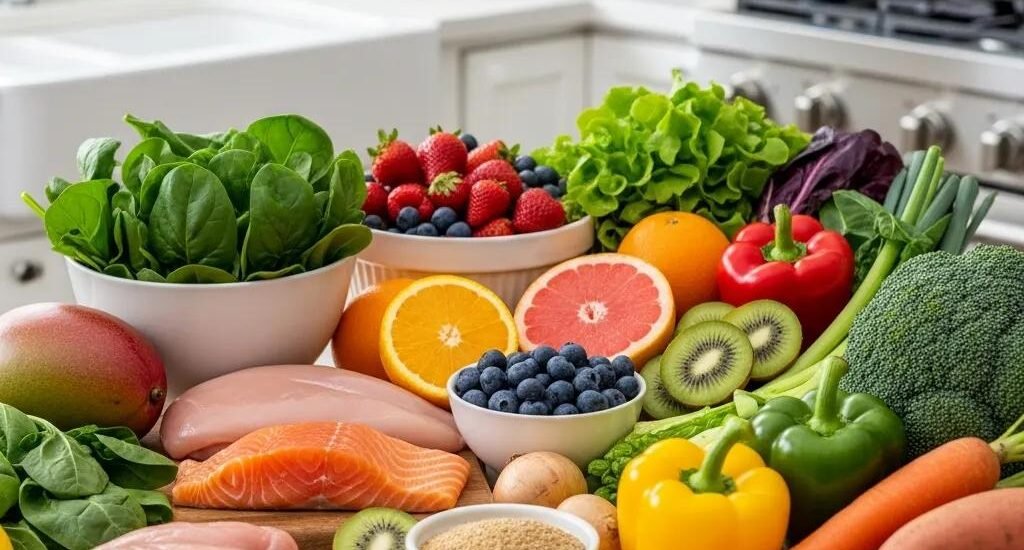 Colorful assortment of fresh foods including lean meats, leafy greens, fruits like strawberries and blueberries, and vegetables like broccoli and bell peppers, promoting nutrition for wound healing.