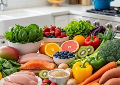 Colorful assortment of fresh foods including lean meats, fruits, and vegetables promoting optimal wound healing and recovery.