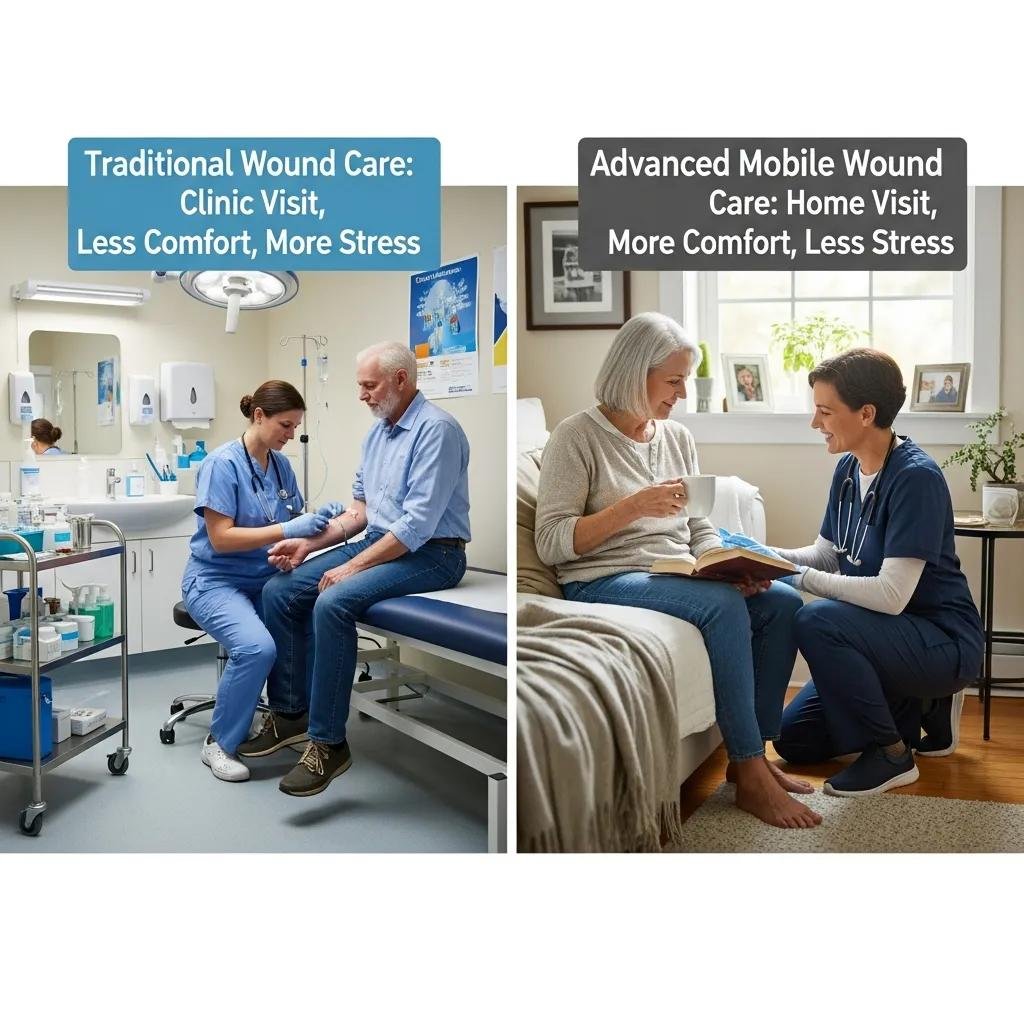 Comparison of traditional wound care in a clinic with advanced mobile wound care at home, highlighting less comfort and more stress versus more comfort and less stress.