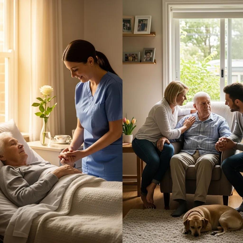 Palliative care scene with nurse comforting elderly patient in bed and family providing emotional support to senior man at home, illustrating compassion in end-of-life care.
