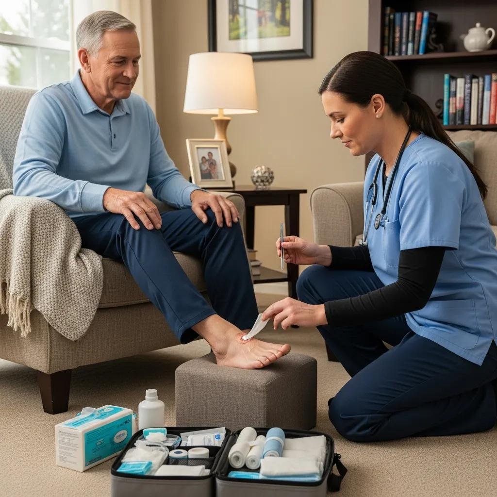 Diabetic patient receiving mobile wound care at home, with a healthcare professional treating a foot injury, showcasing comfort and safety of at-home treatment.