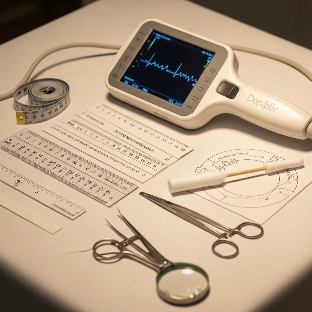 Doppler ultrasound device with measurement tools, scissors, and a magnifying glass for mobile wound assessment and diagnosis.