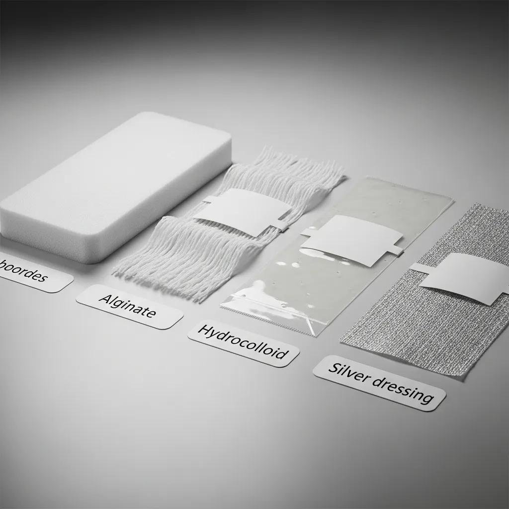 Different types of advanced wound dressings including foam, alginate, hydrocolloid, and silver dressings, labeled for identification.