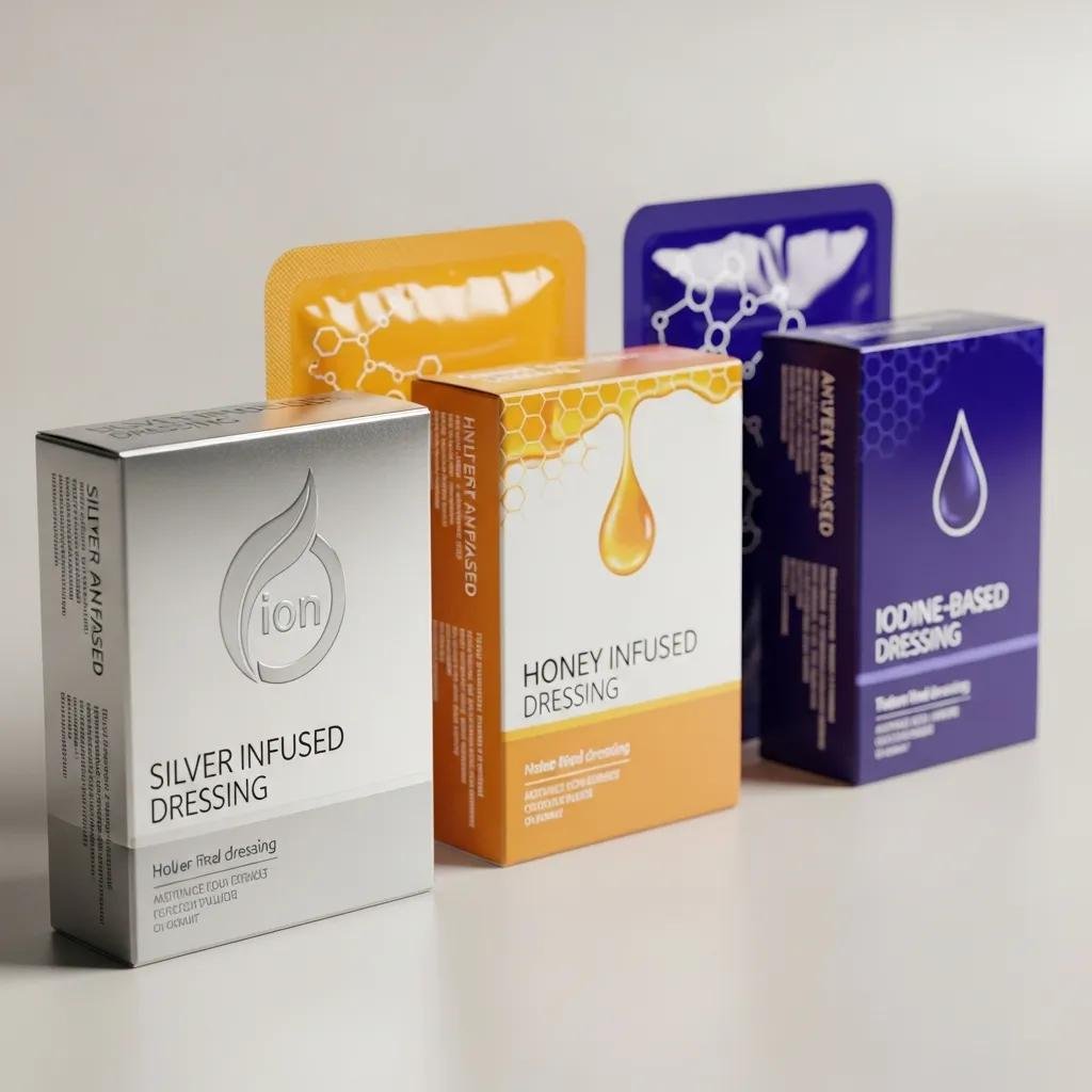 Array of antimicrobial dressings &mdash; silver, honey, and iodine options for different wound needs