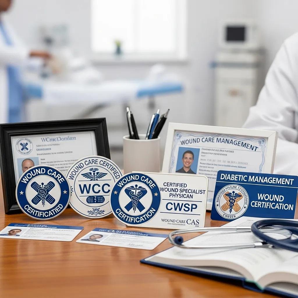 Display of wound care certification badges, including WCC, CWSP, and other credentials, emphasizing the qualifications of Healix360 specialists in mobile wound care management.