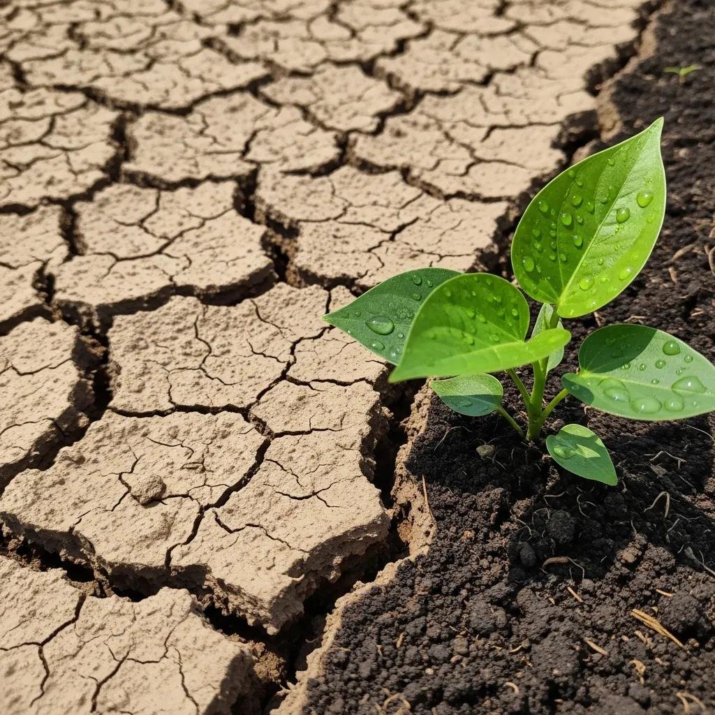 Healthy green plant with water droplets emerging from dry, cracked earth, illustrating the impact of dehydration on cellular health and wound healing.