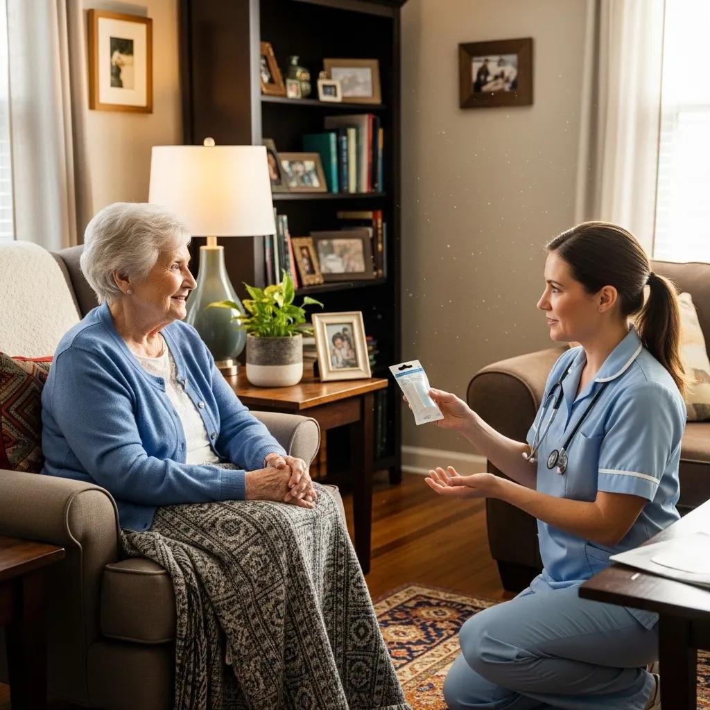 Elderly patient receiving in-home wound care from a healthcare professional, discussing treatment options in a cozy living room setting, highlighting the benefits of mobile wound care for seniors.