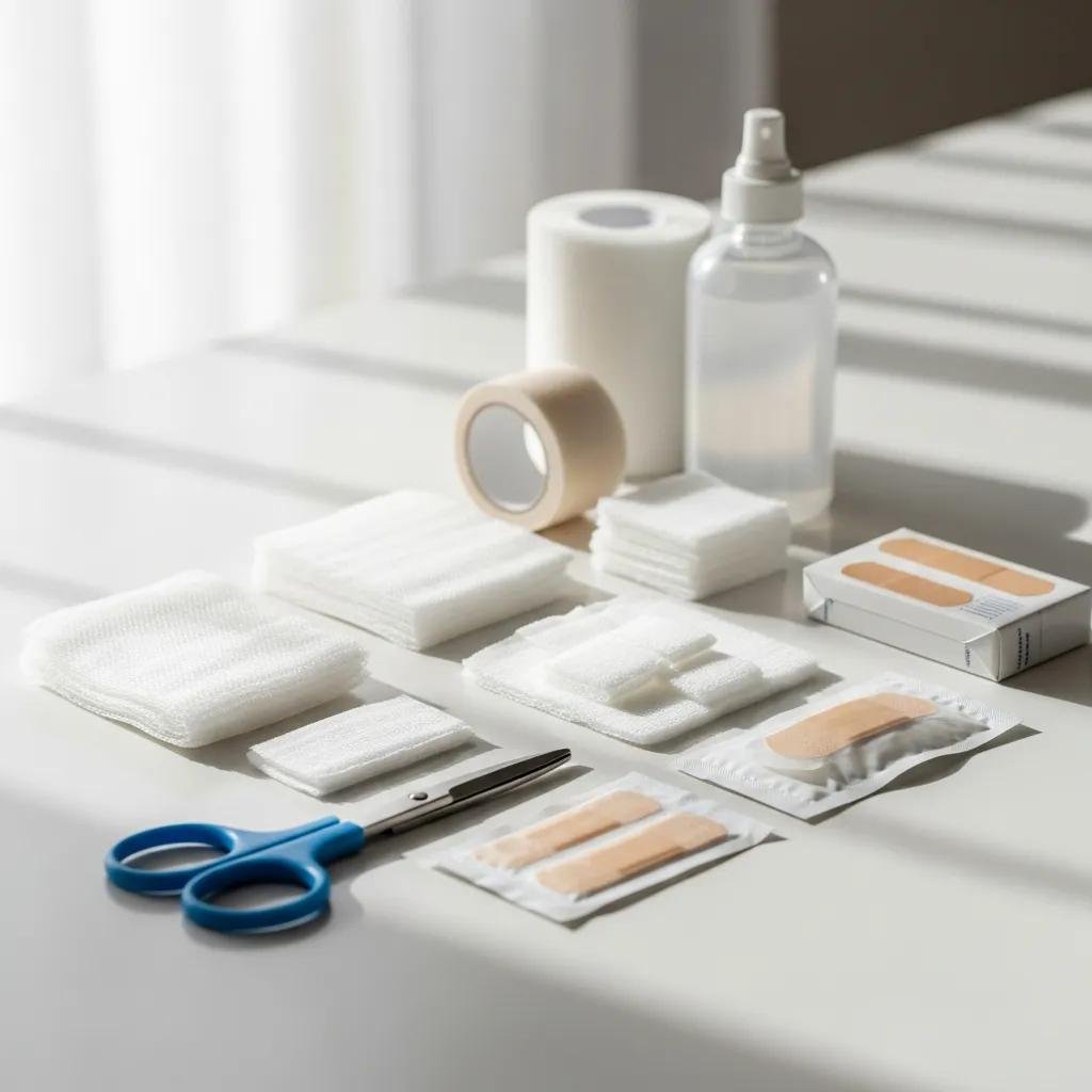 Array of essential wound care supplies for safe home management