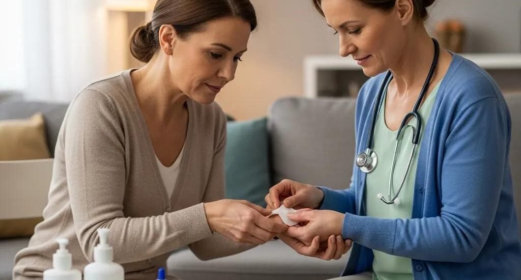 Family caregiver assisting with wound care at home, demonstrating practical techniques in a cozy living room setting, with medical supplies visible.
