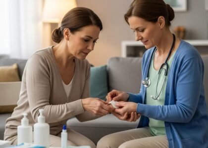 Family caregiver assisting with wound care at home, healthcare professional providing guidance, medical supplies visible on table, cozy indoor environment.