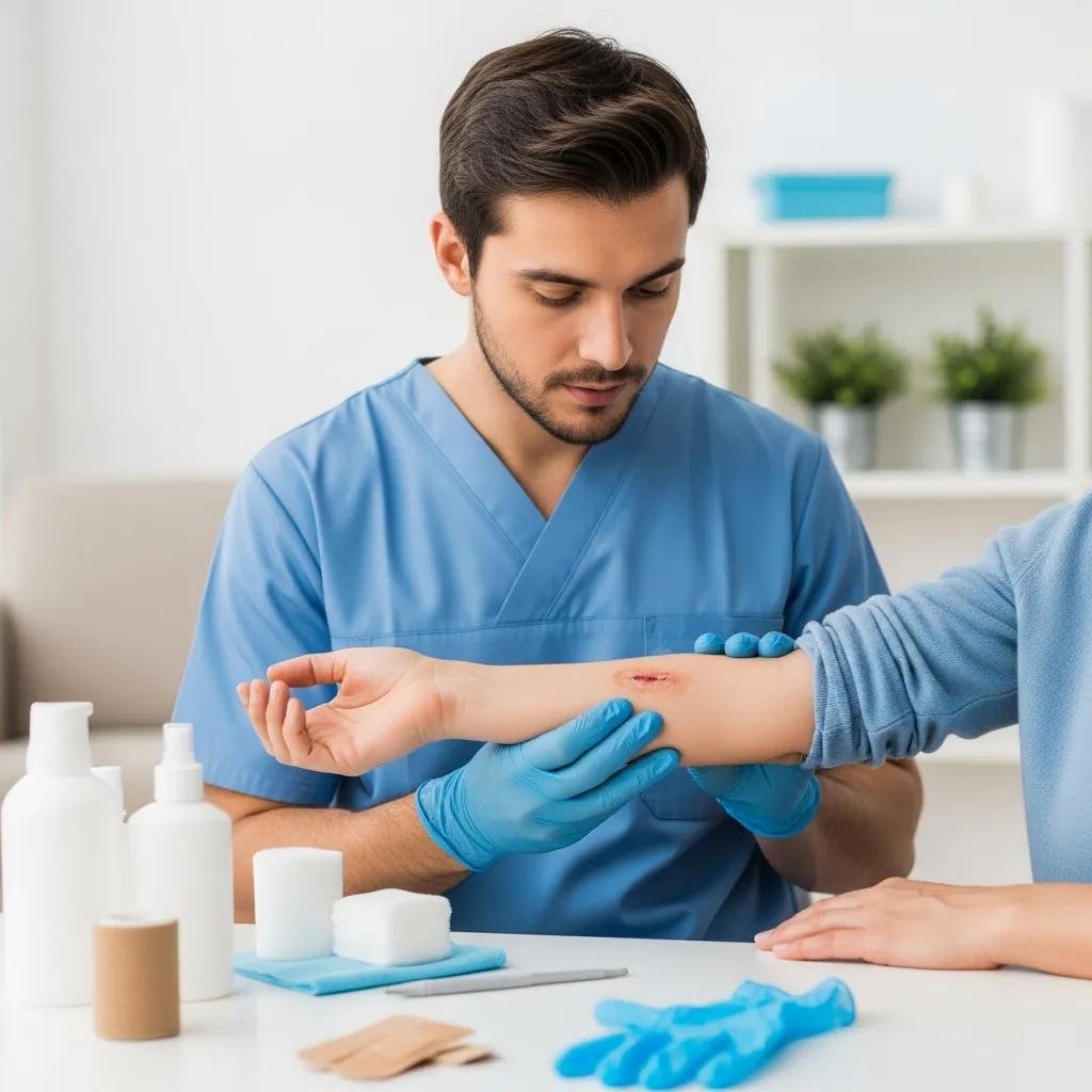 Male caregiver in blue scrubs monitoring a wound on a woman's arm, surrounded by wound care supplies, emphasizing family caregiver support in home wound management.