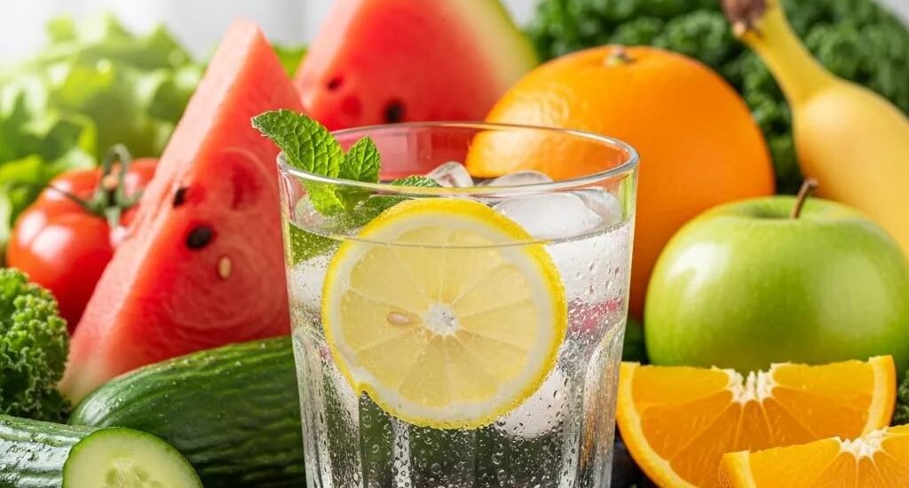 Fresh fruits and a glass of water with lemon, symbolizing hydration's role in wound healing and recovery.